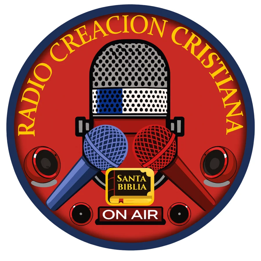 Logotipo de Radio Creación Cristiana con micrófono, Santa Biblia y diseño ON AIR en rojo y azul