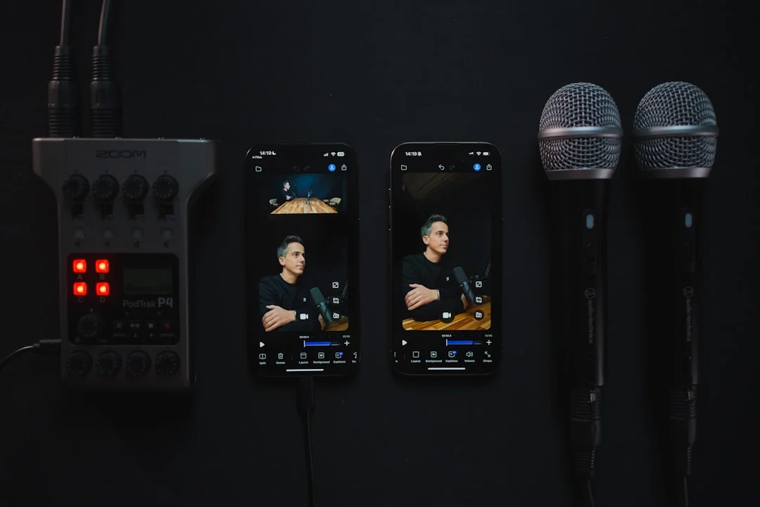 Audio recorder, two phones, and microphones on-air microphones